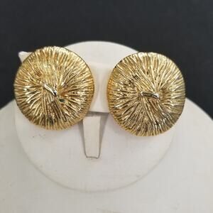 Vintage Large Round Golden Textured Clip On Earrings Costume Jewelry MCM Huggers